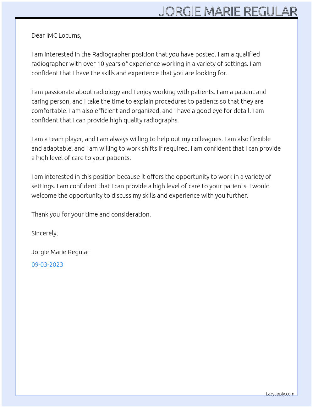 Radiographer At IMC Locums Cover Letter