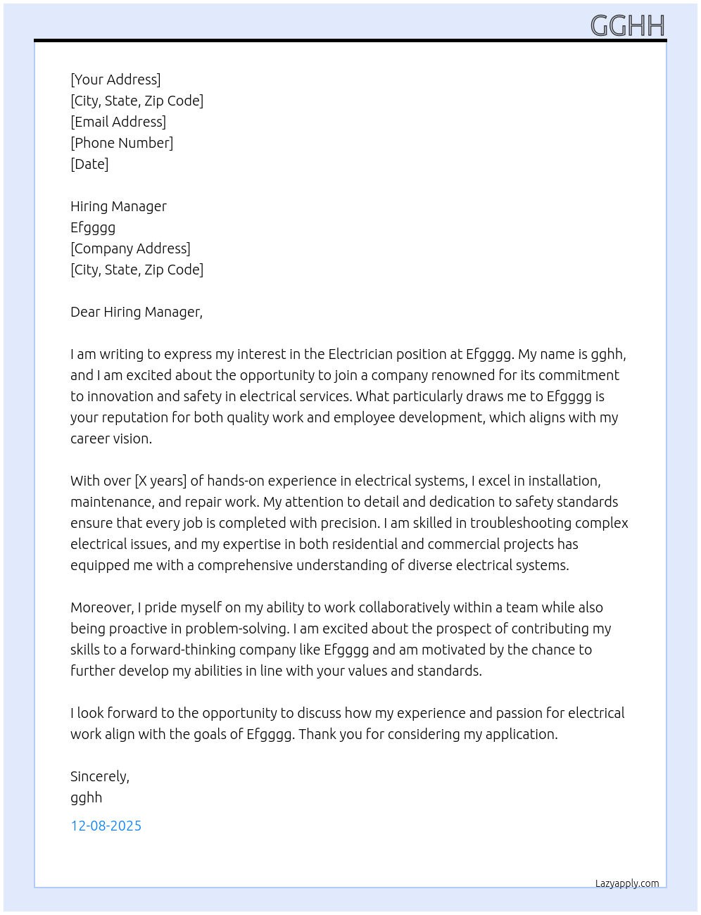 Cover letter for electrician - LazyApply