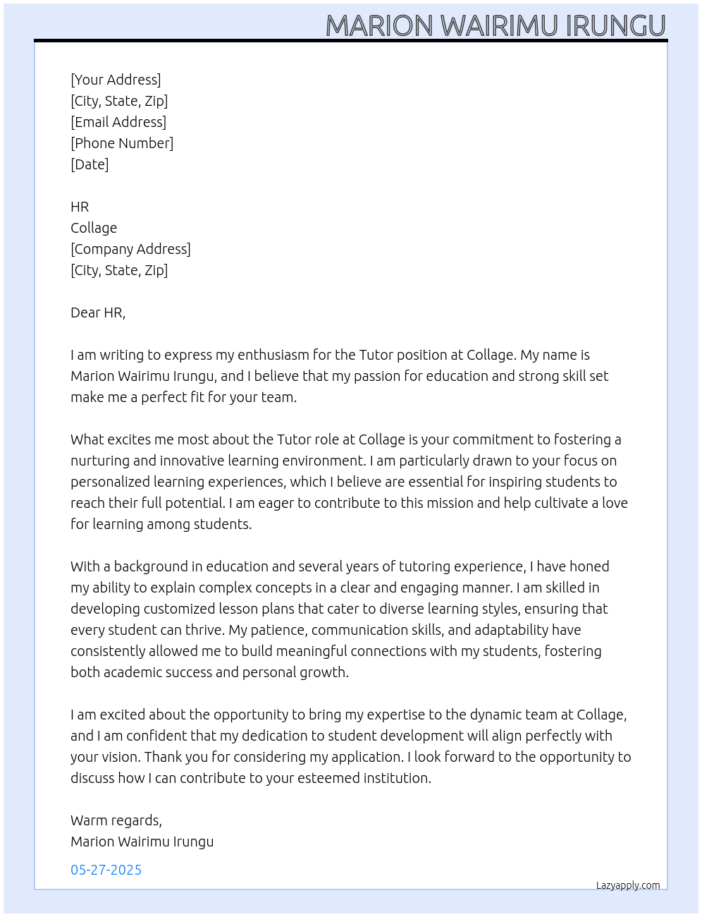 tutor At collage Cover Letter