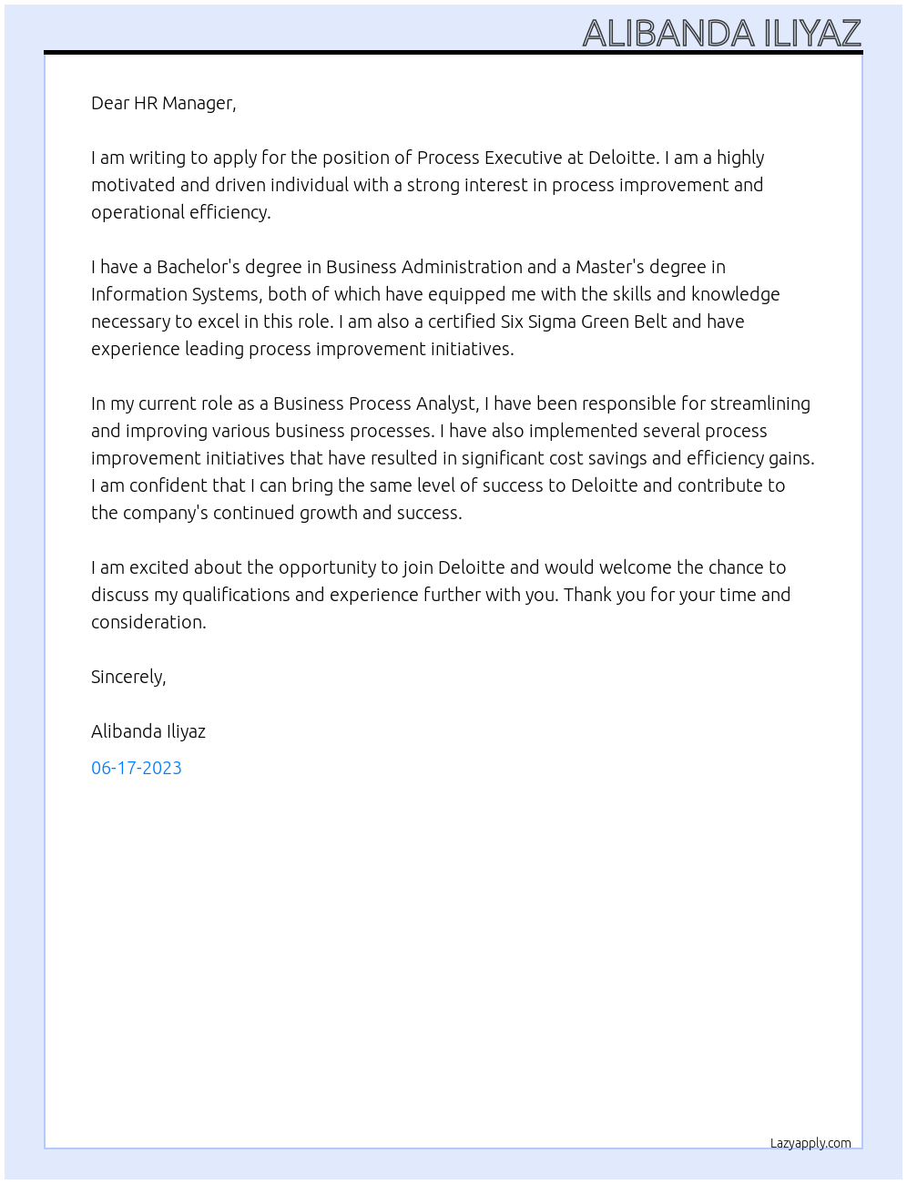 Process Executive At Deloitte Cover Letter