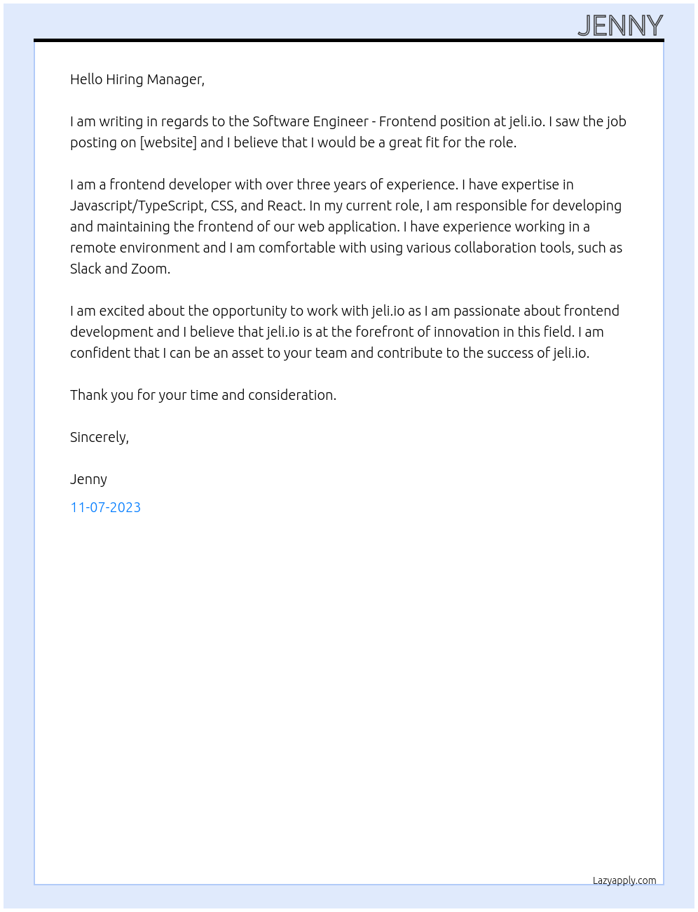 Software Engineer - Frontend At jeli.io Cover Letter
