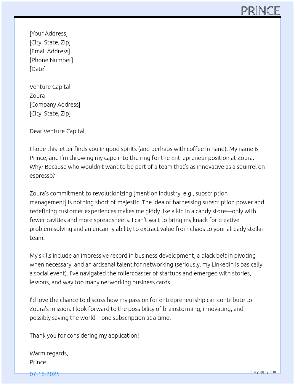 Entrepreneur At Zoura Cover Letter