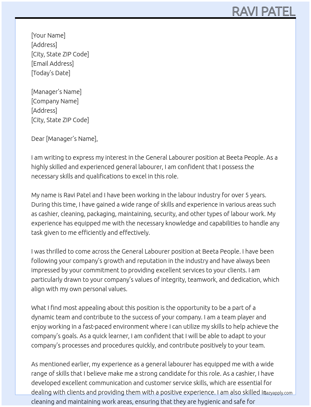 General labourer At Beeta People Cover Letter