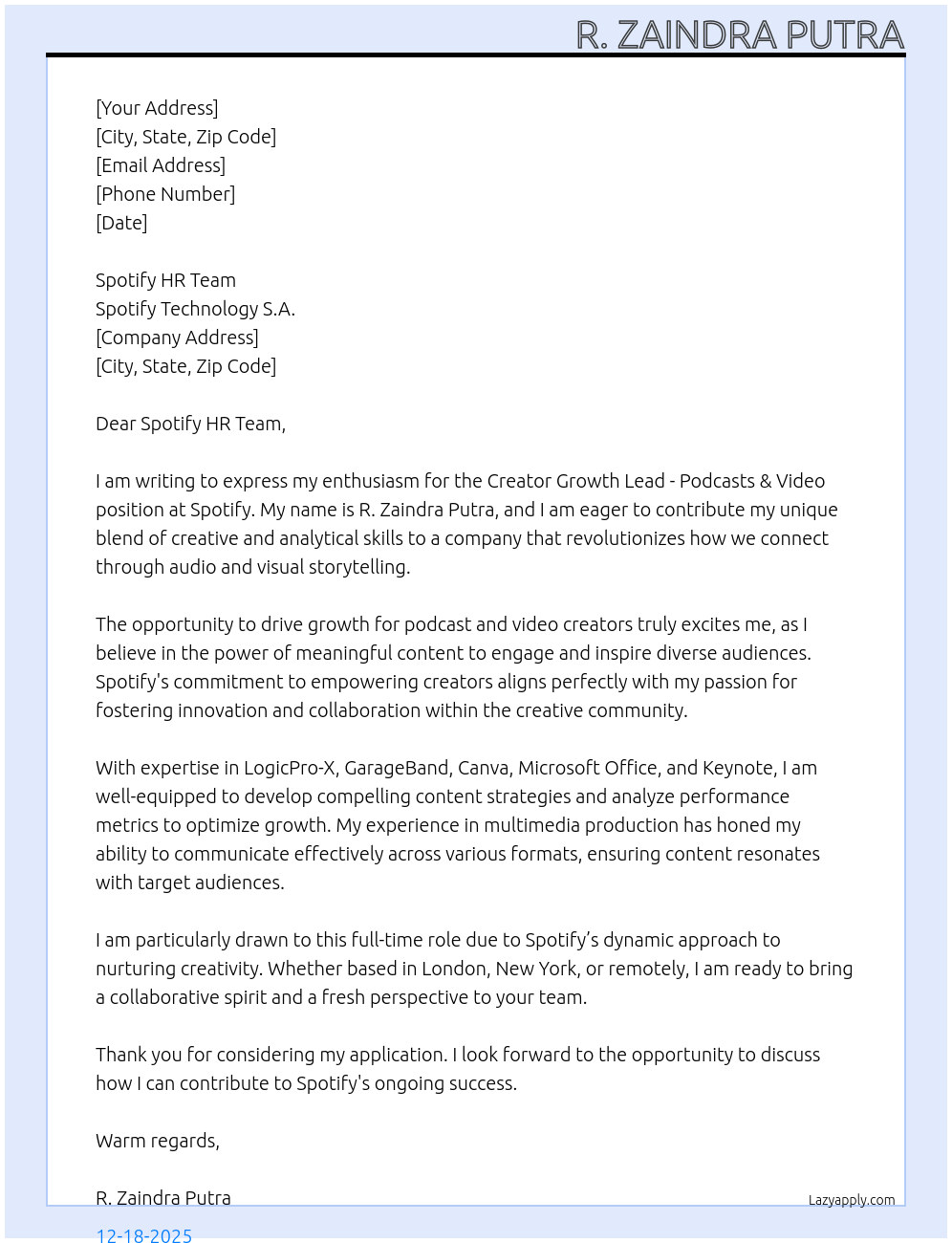 Creator Growth Lead - Podcasts & Video At Spotify Cover Letter