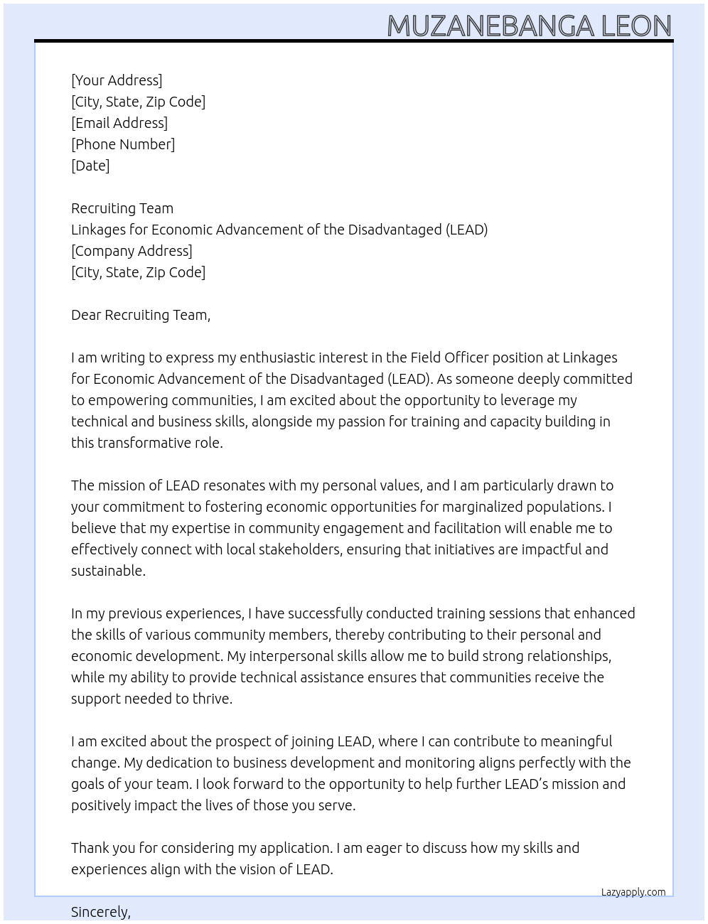 Cover letter for field officer - LazyApply