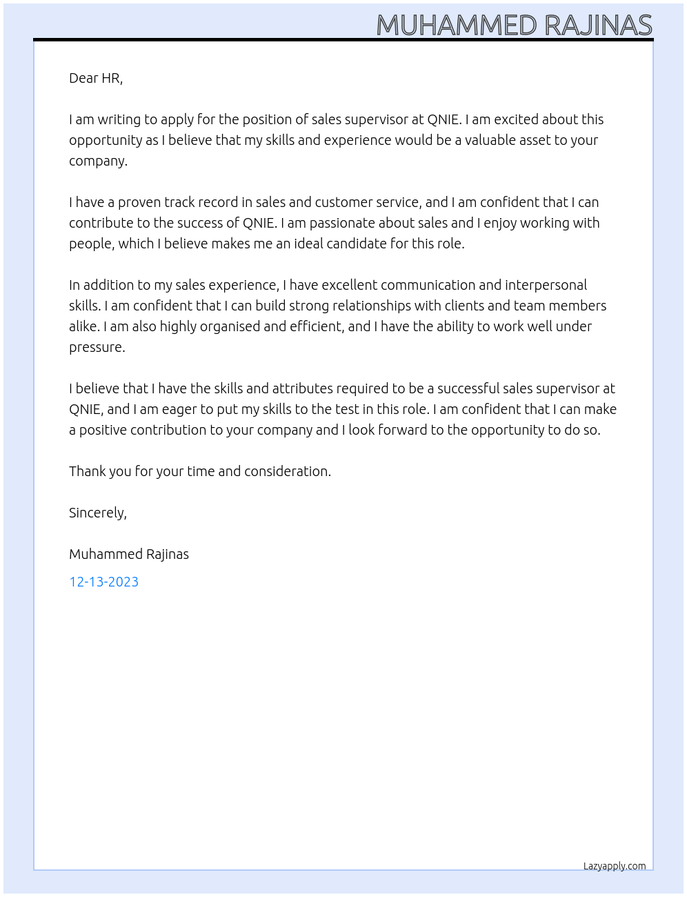 Sales supervisor At QNIE Cover Letter