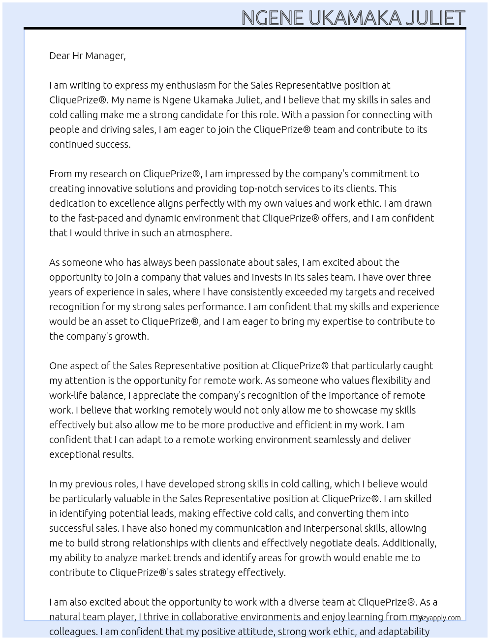 Sales representative At CliquePrize® Cover Letter