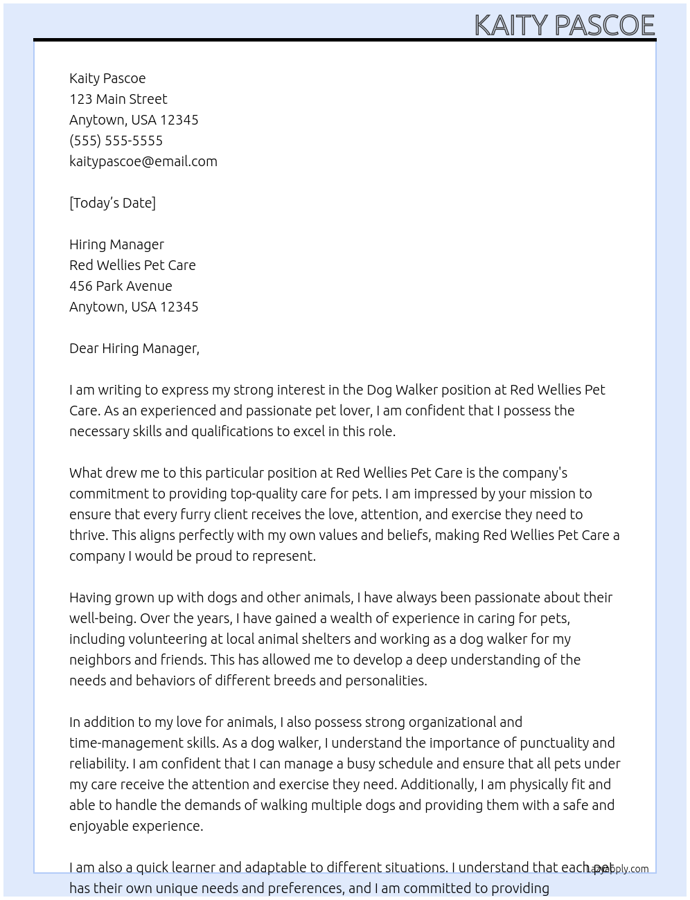 Dog walker At Red Wellies Pet Care Cover Letter