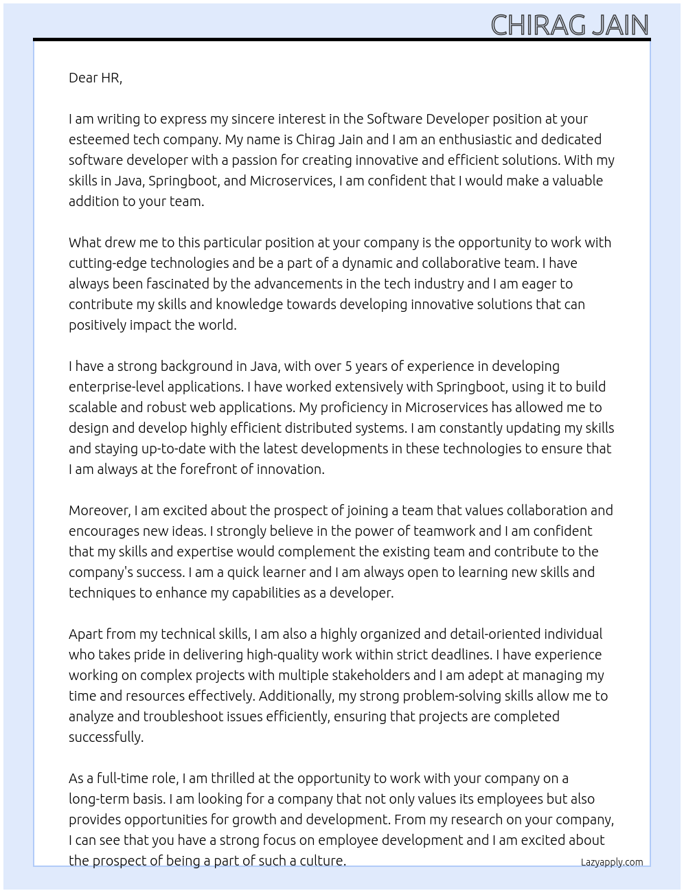 Software devloper At Tech company Cover Letter