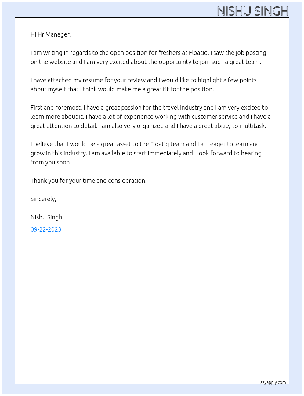 freshers At floatiq Cover Letter