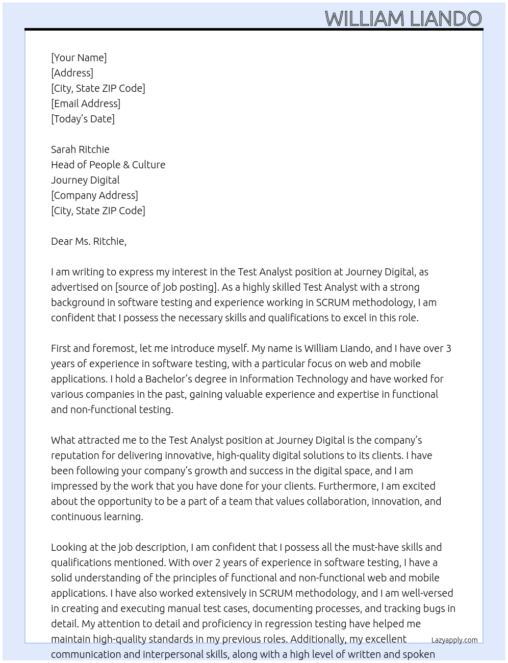 Test Analyst At Journey Digital Cover Letter