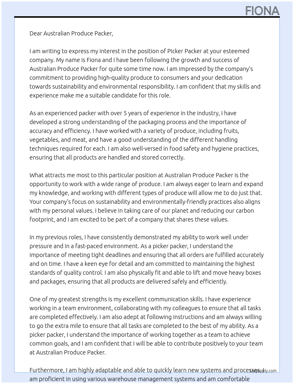 picker packer At Australian produce packer Cover Letter