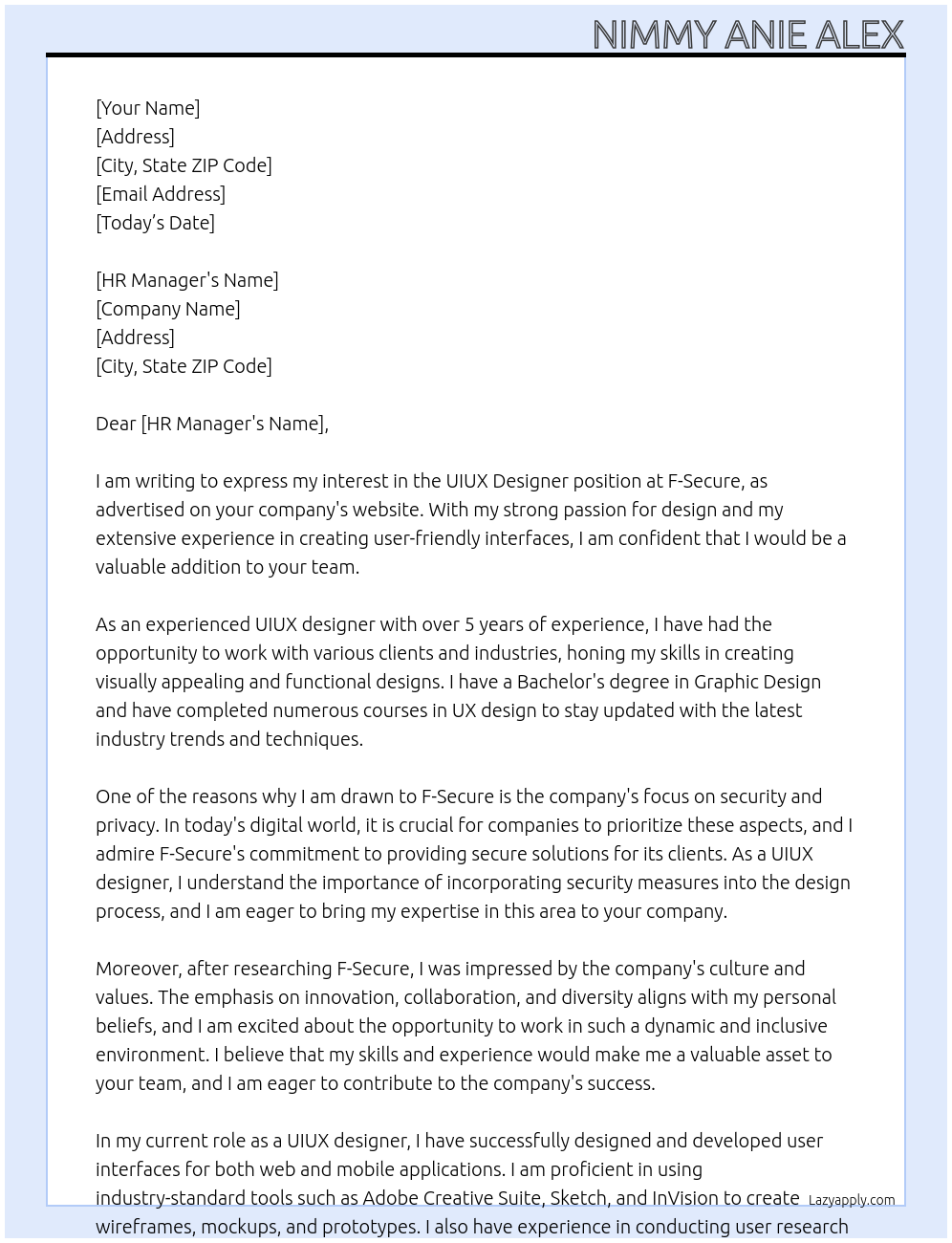 UIUX designer At f-secure Cover Letter