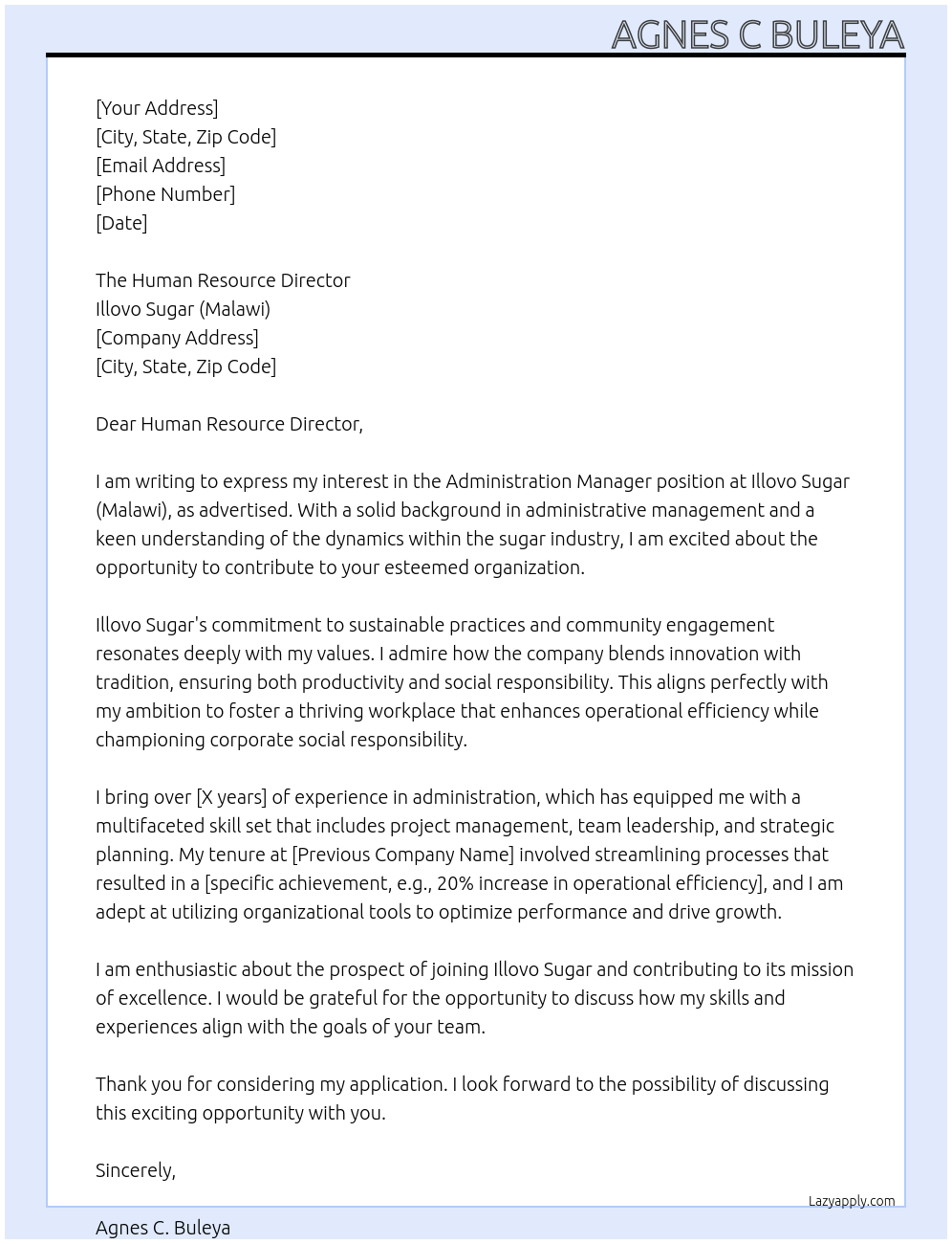 Cover letter for administration manager - LazyApply