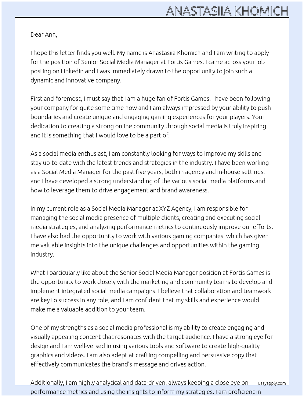 Senior Social Media Manager At Fortis Games Cover Letter