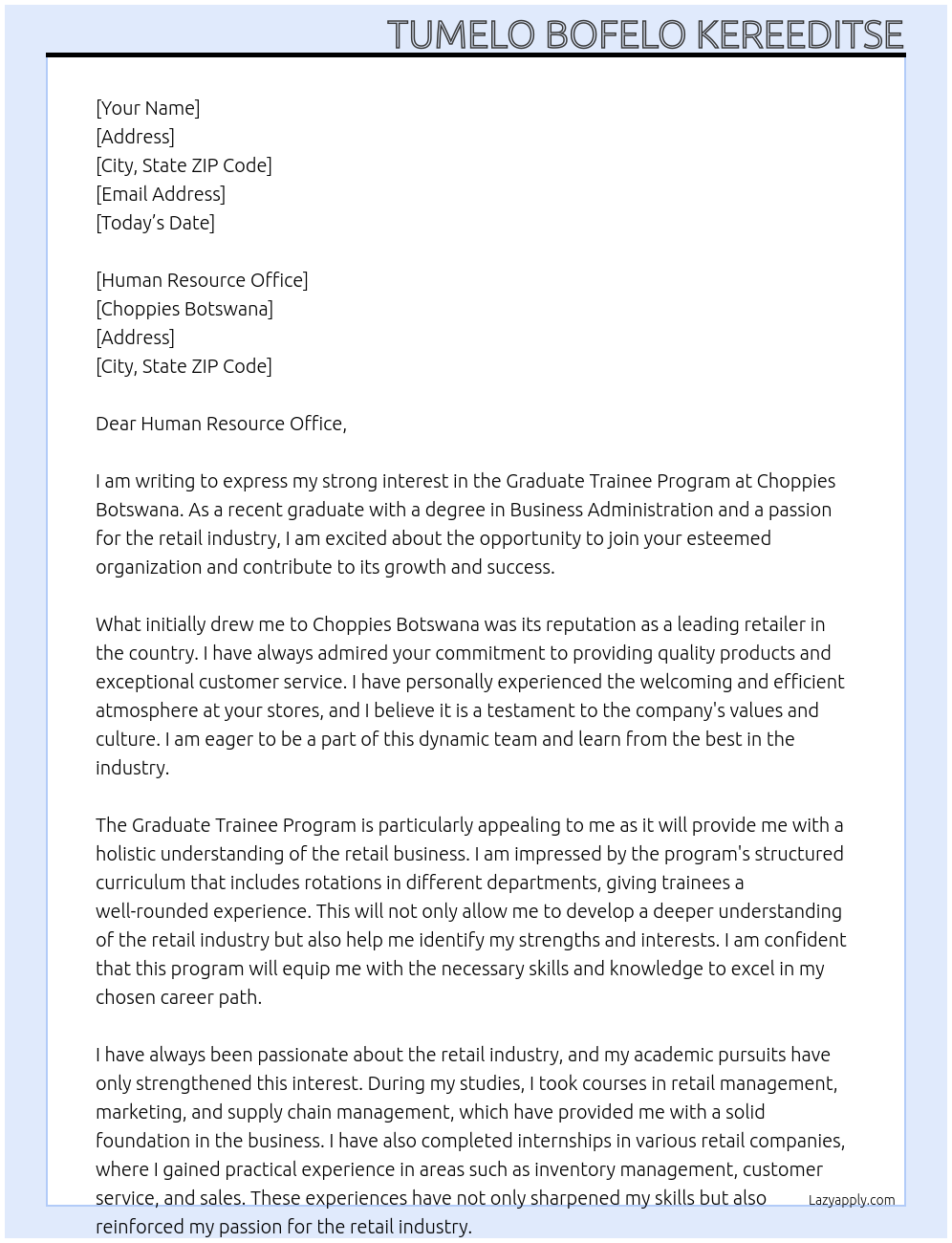 Graduate trainee program At Choppies botswana Cover Letter