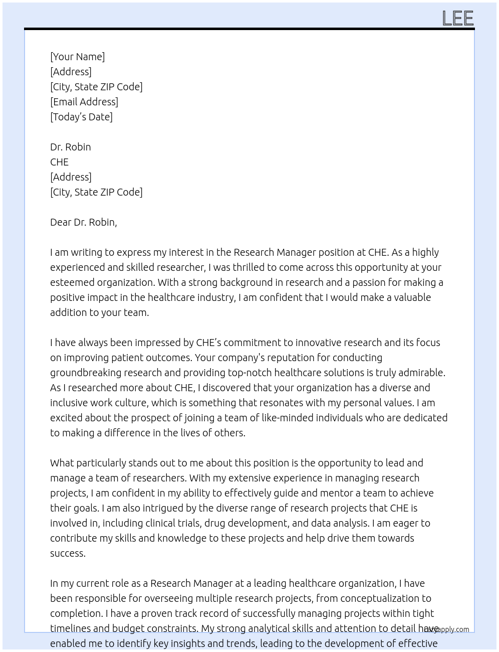 Research Manager At CHE Cover Letter