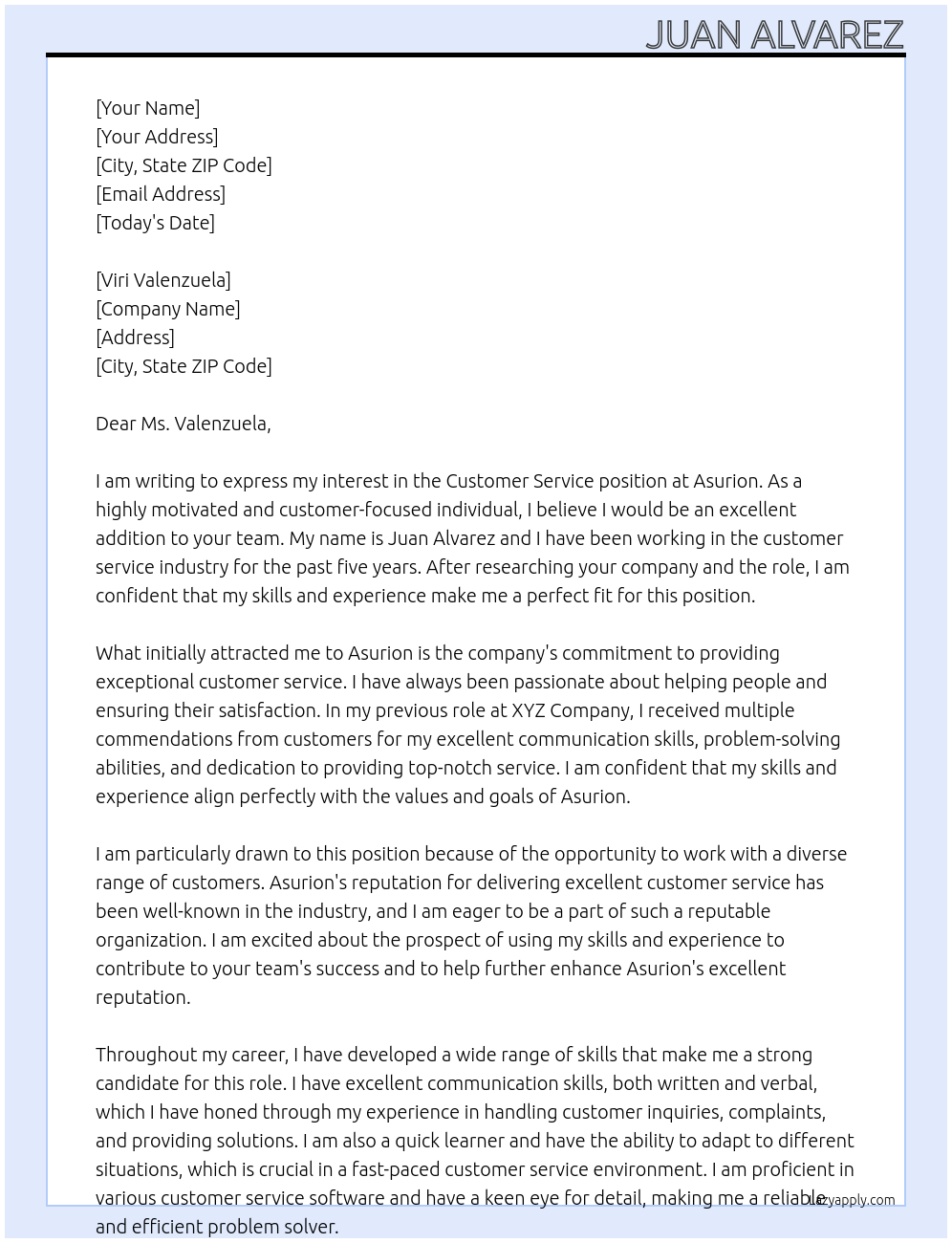 costumer service At Asurion Cover Letter