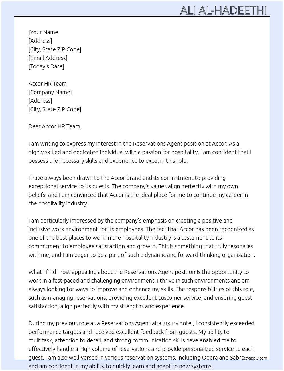 reservations agent At Accor Cover Letter