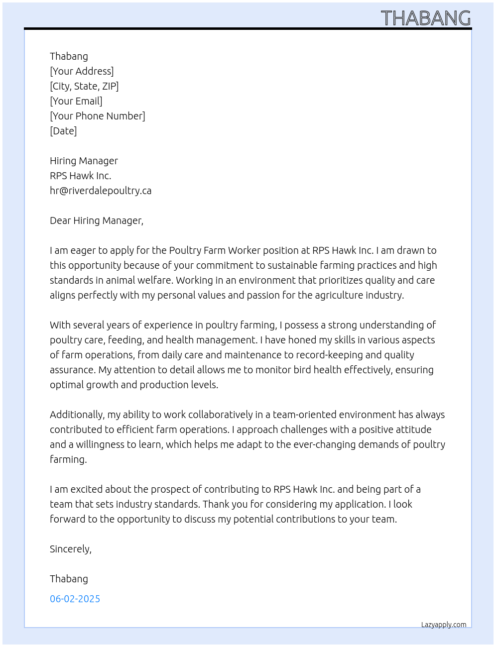Poultry farm worker  At RPS Hawk Inc. Cover Letter