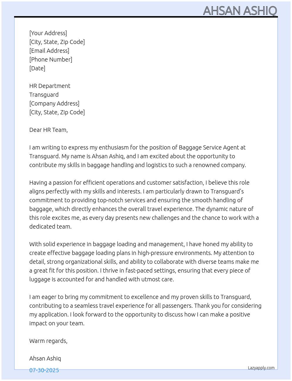 Baggage service agent At Transguard  Cover Letter