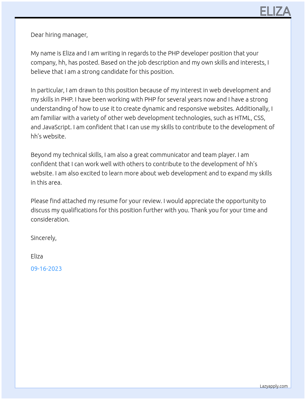 PHP developer At hh Cover Letter