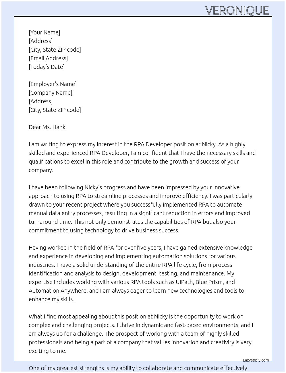 rpa developer At Nicky Cover Letter
