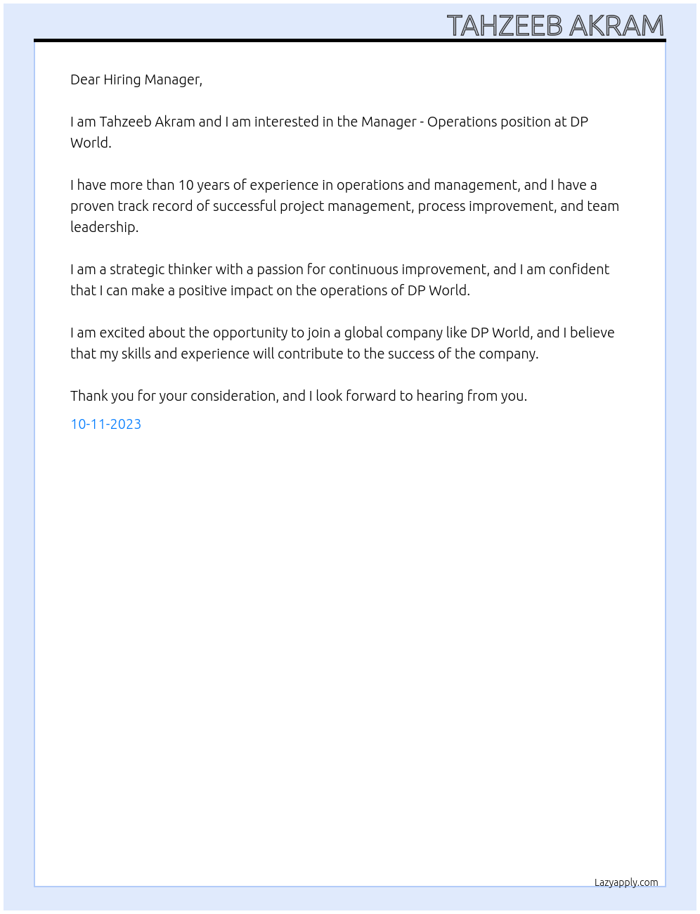 Manager - Operations At DP World Cover Letter