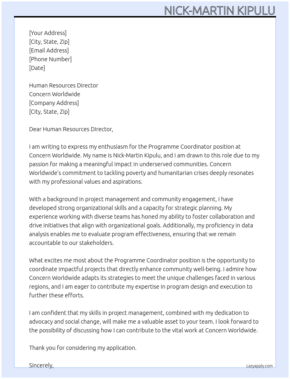 Programme Coordinator At Concern Worldwide Cover Letter