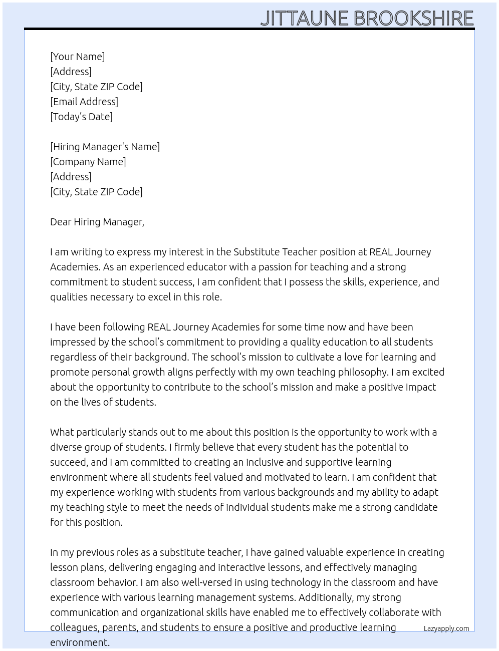 Substitute Teacher At REAL Journey Academies Cover Letter