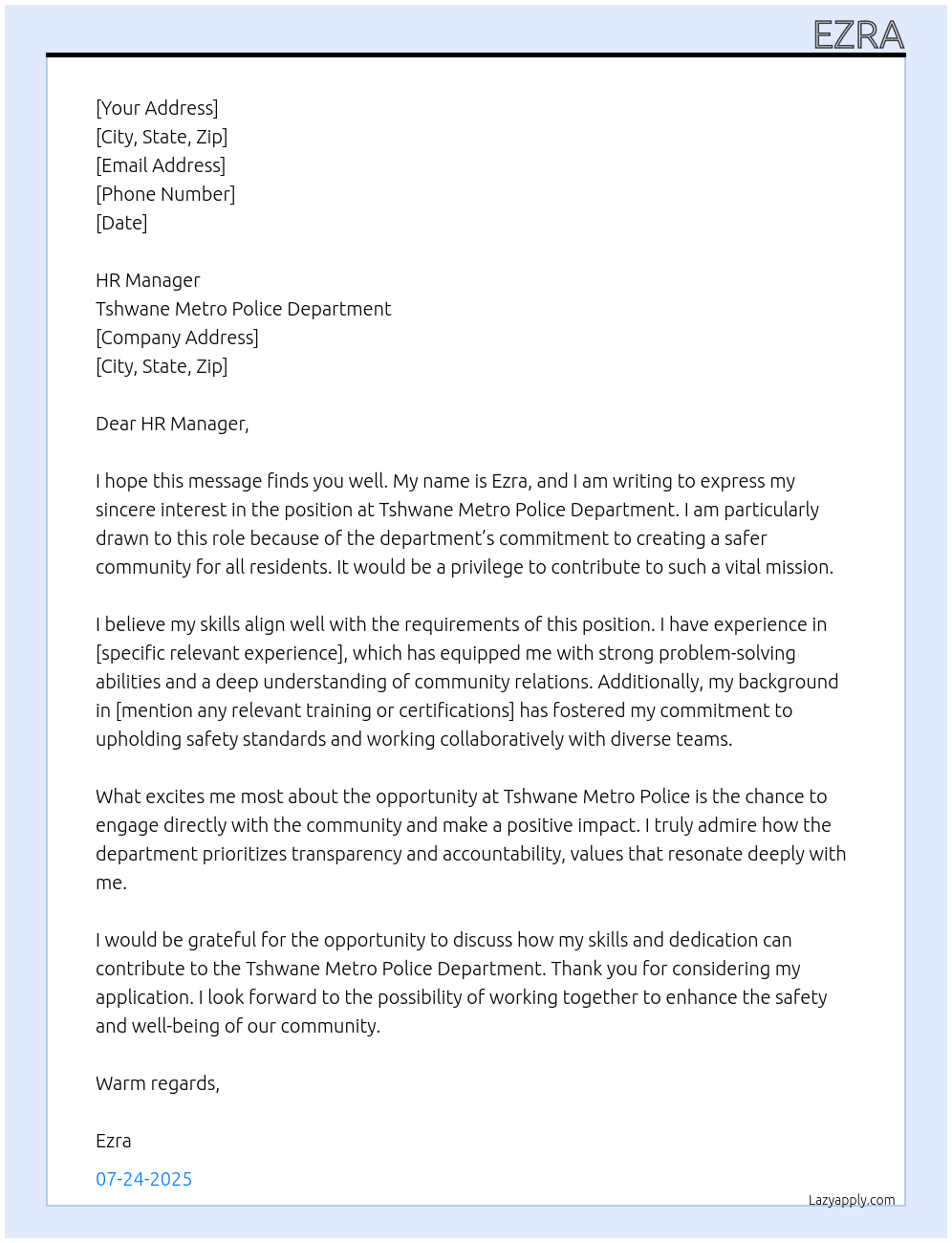 Tshwane metro police At Tshwane metro police department Cover Letter