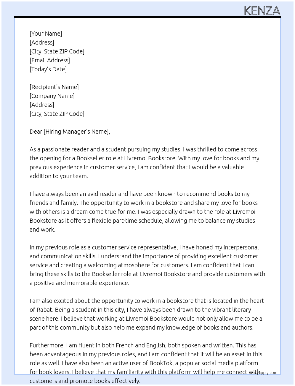 Bookseller At Livremoi Bookstore Cover Letter