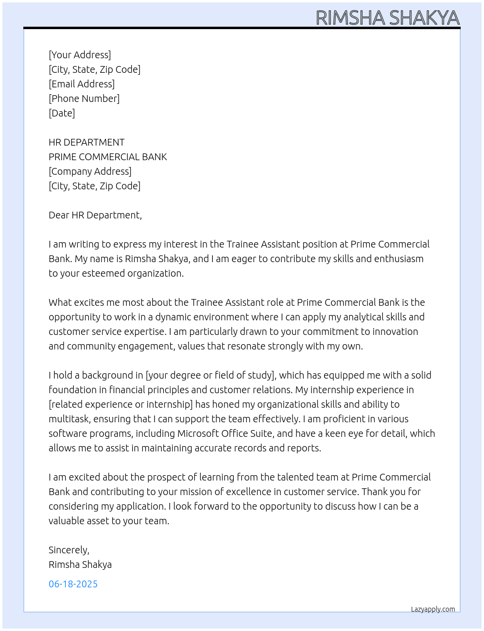 TRAINEE ASSISTANT At PRIME COMMERCIAL BANK Cover Letter