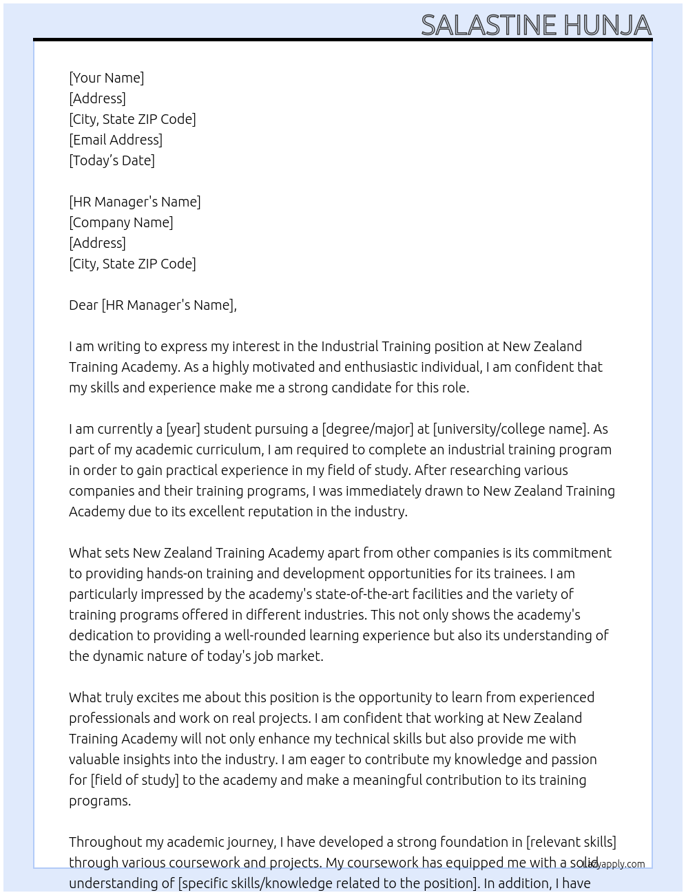 Industrial Training  At New Zealand Training Academy Cover Letter