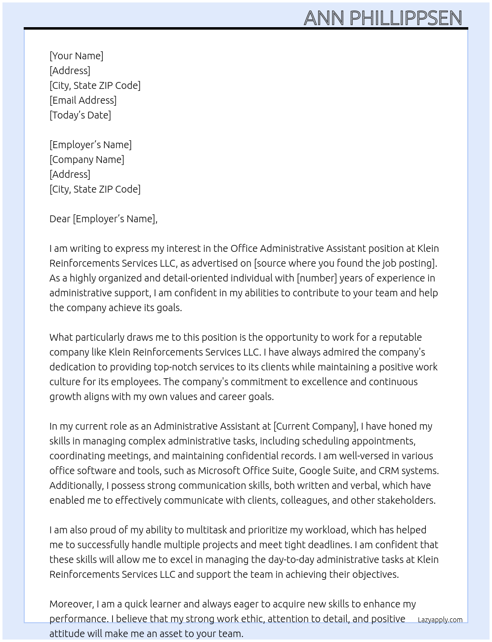 Office Administrative Assistant At Klein Reinforcements Services LLC Cover Letter