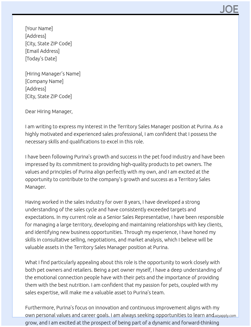 Territory Sales Manager At Purina Cover Letter