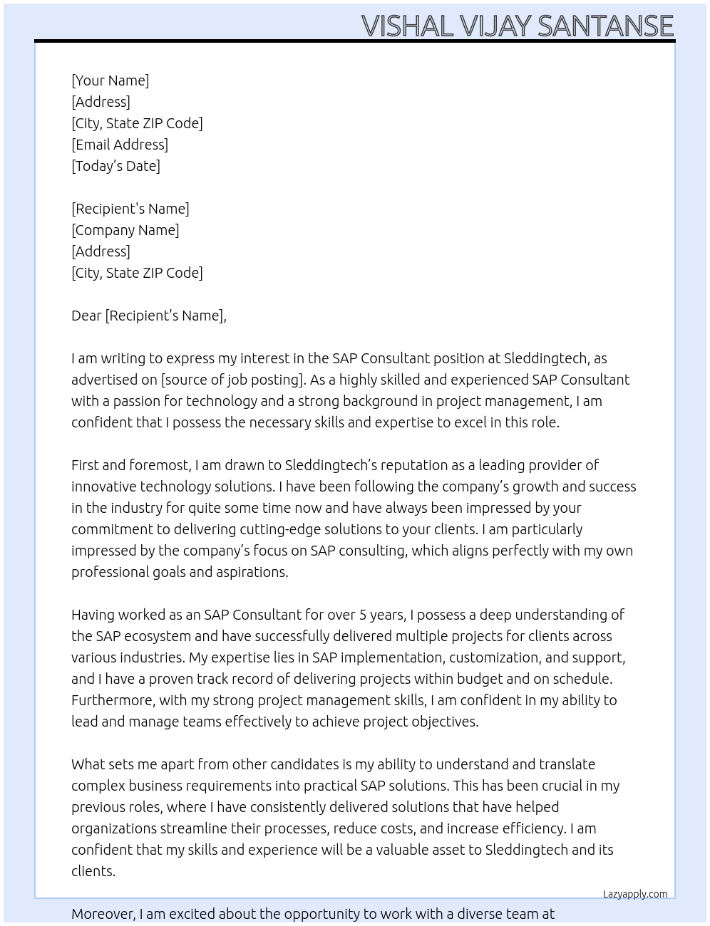SAP Consultant At sleddingtech Cover Letter