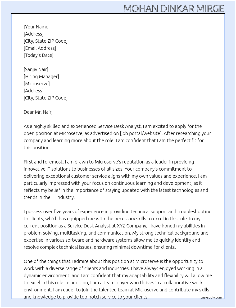 Service desk Analyst At Microserve Cover Letter