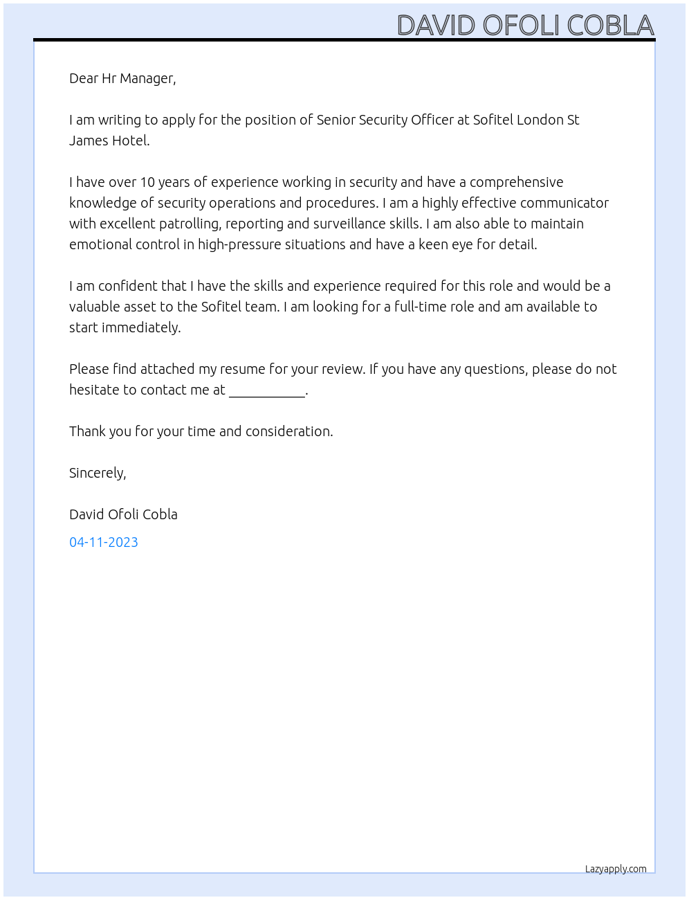 Senior Security Officer At Sofitel London St James Hotel Cover Letter