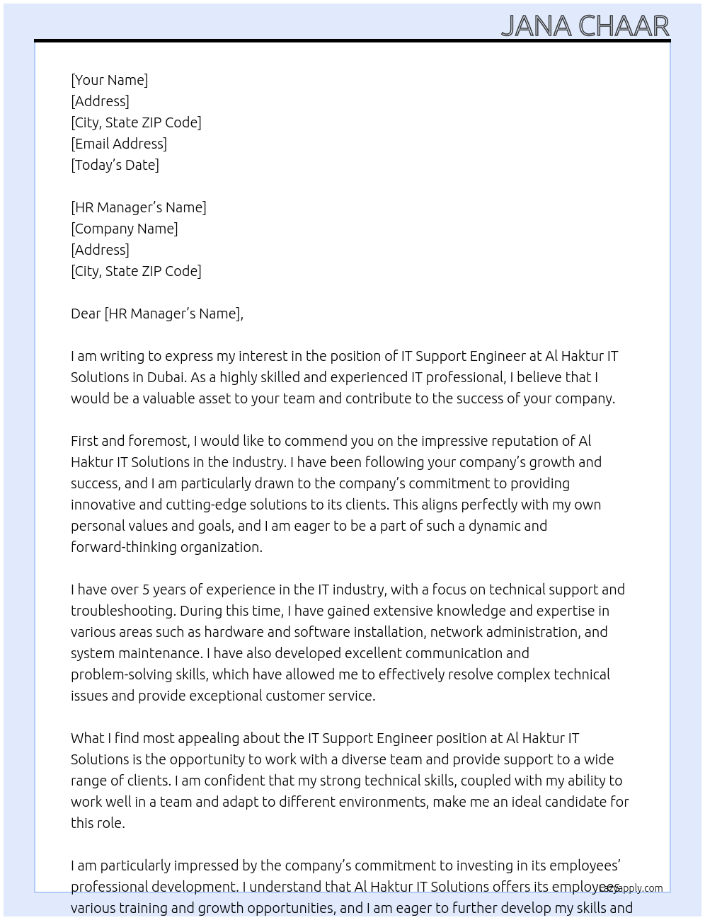 IT Support Engineer At Al haktur IT Solutions Cover Letter