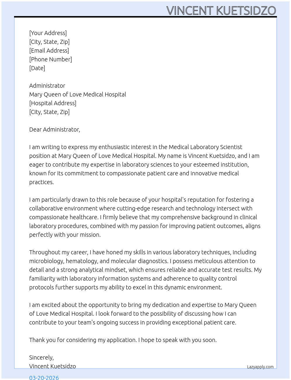 Cover letter for medical laboratory scientist - LazyApply