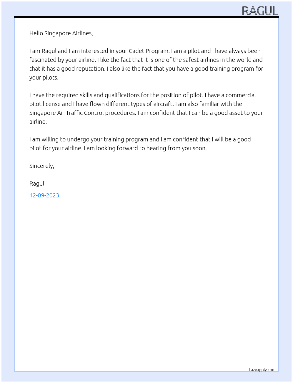 Pilot At Singapore Airline's Cadet Program Cover Letter
