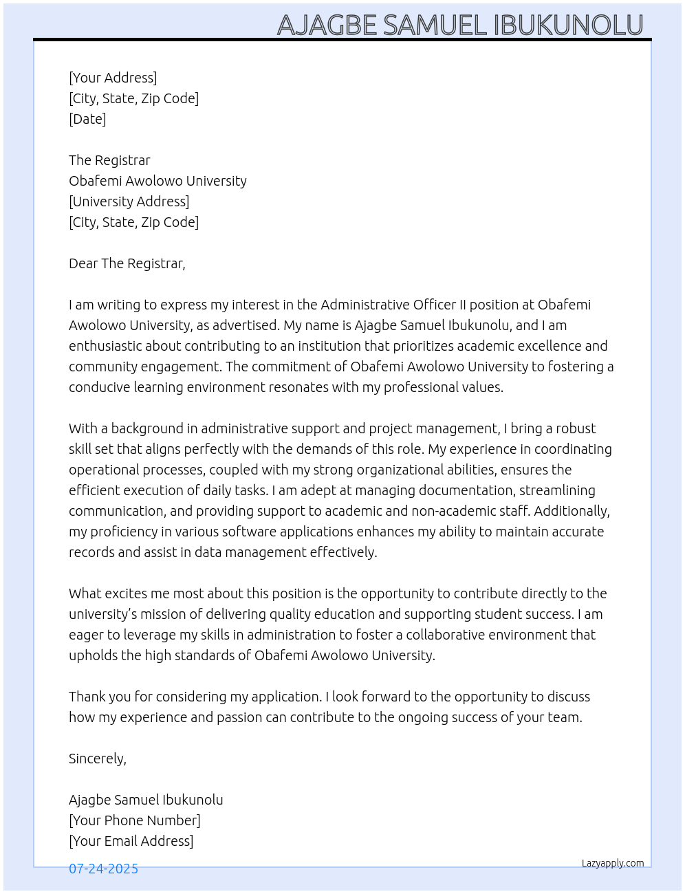 Administrative Officer II At Obafemi Awolowo University Cover Letter