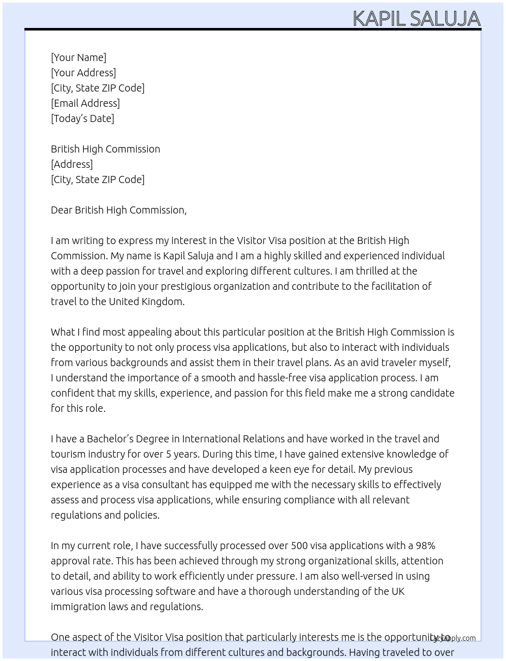 visitor visa At UK Cover Letter