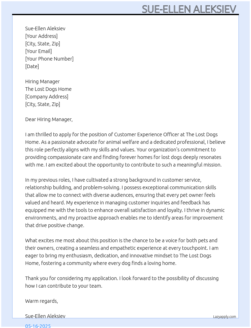 Customer Experience Officer At The Lost Dogs Home Cover Letter