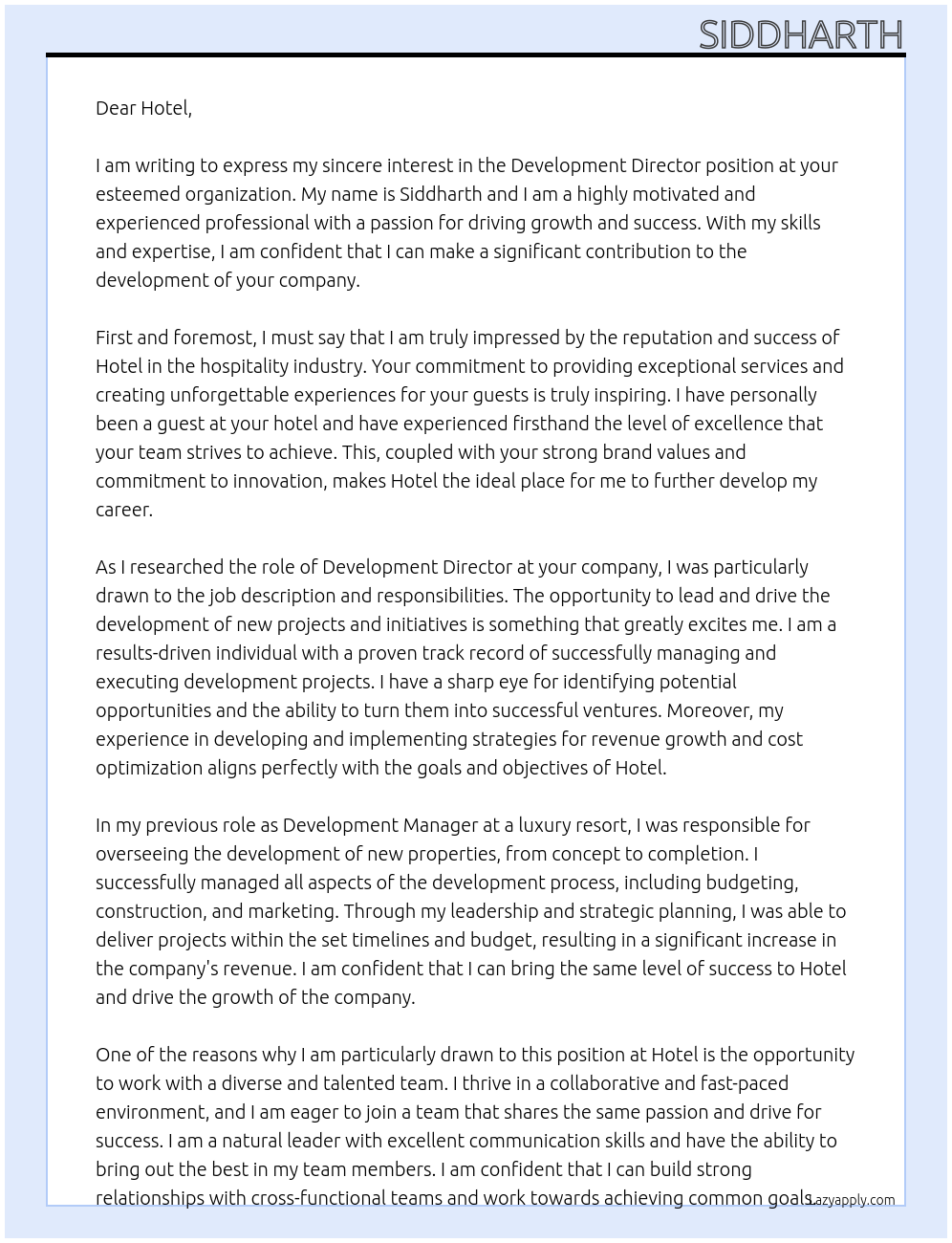 Development Director  At Hotel Cover Letter