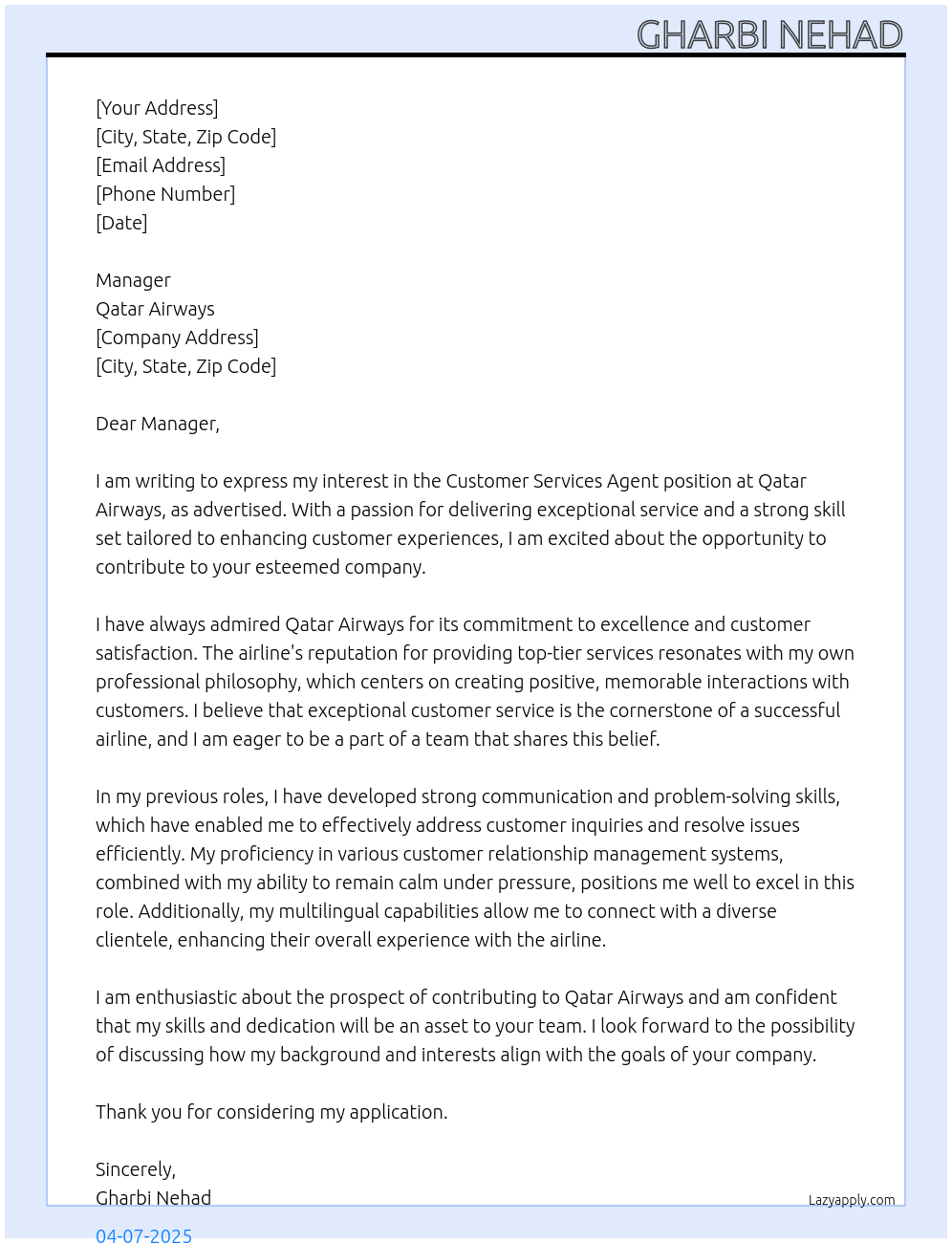 Customer Services Agent At qatar airways Cover Letter