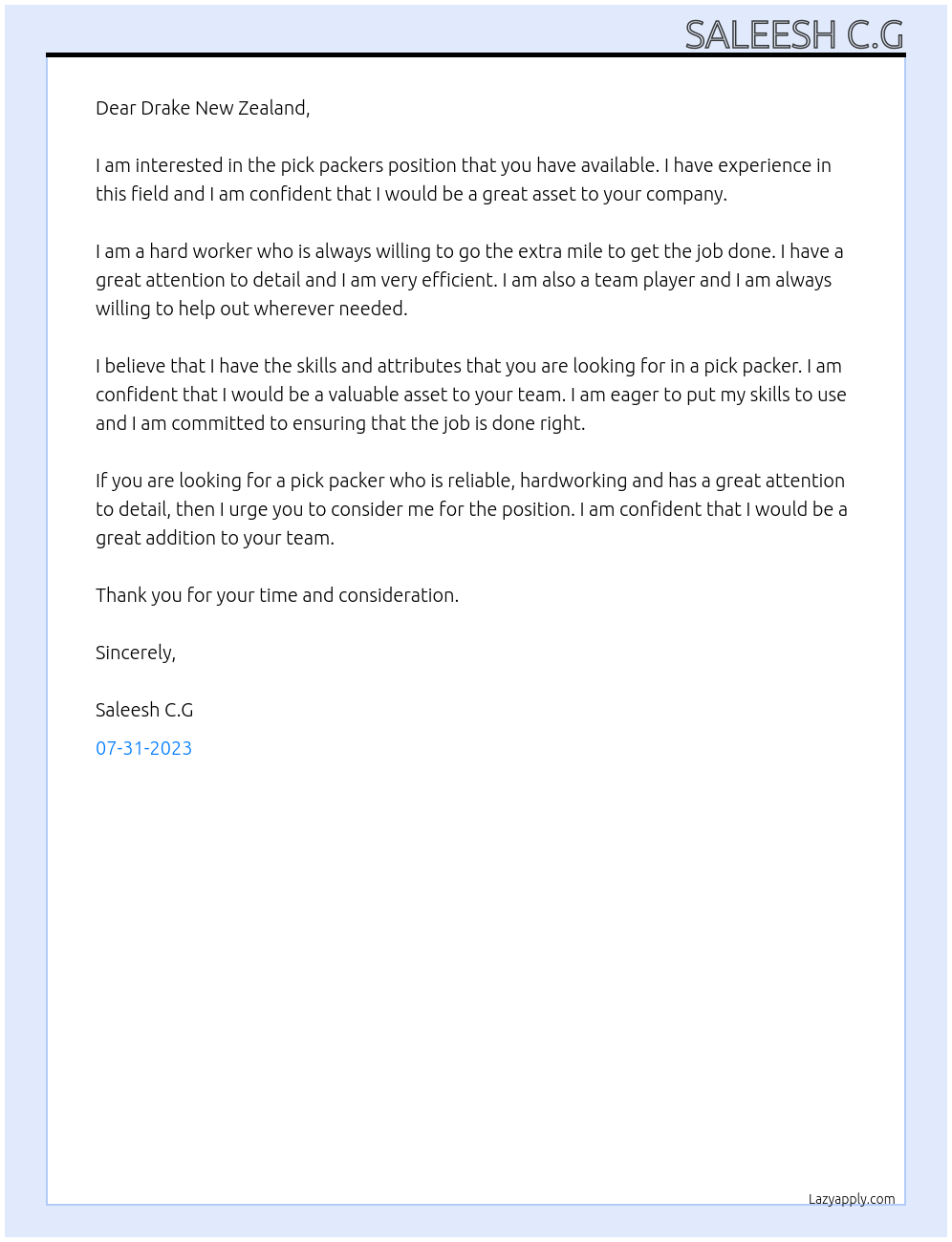 Pick packers At Drake New Zealand Cover Letter