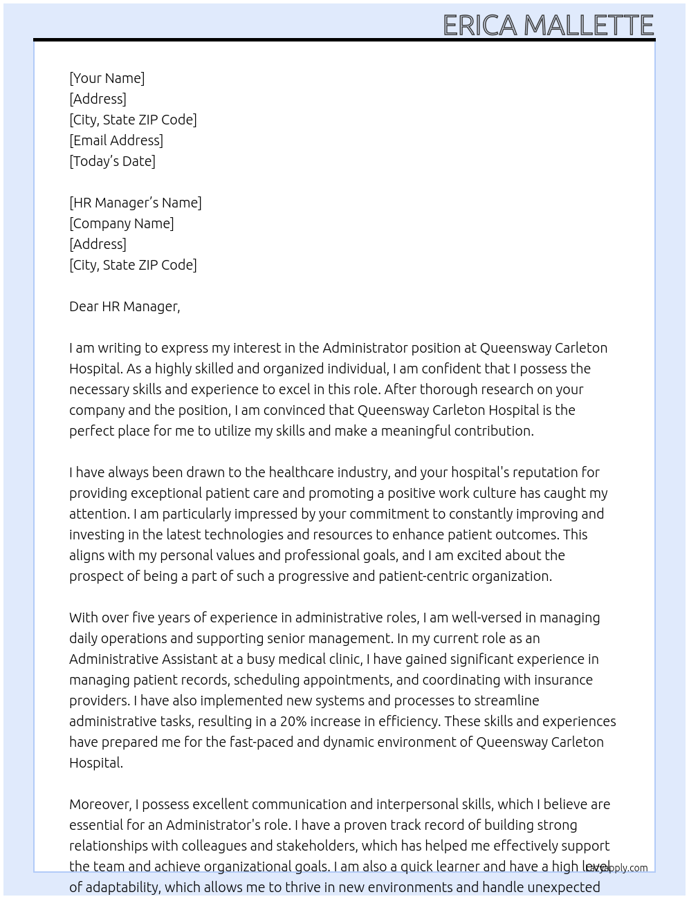 administator At Queensway Carleton Hospital Cover Letter