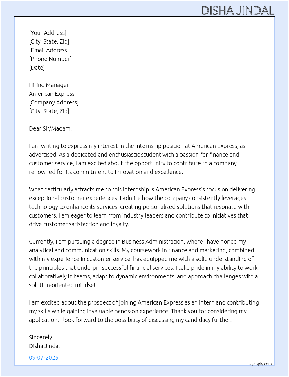 intern At American Express Cover Letter